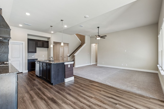 5408 Fairdale Dr, Denton, TX 76207 - kitchen featuring a sink, dark wood-style flooring, ceiling fan, baseboards, and appliances with stainless steel finishes