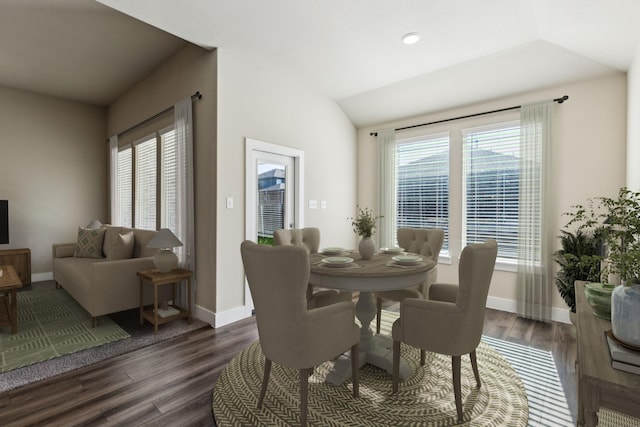 5408 Fairdale Dr, Denton, TX 76207 - dining space with dark wood-type flooring, lofted ceiling, and baseboards