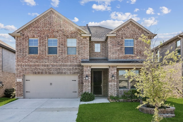 5408 Fairdale Dr, Denton, TX 76207 - traditional-style house featuring brick siding, a front lawn, concrete driveway, and a garage