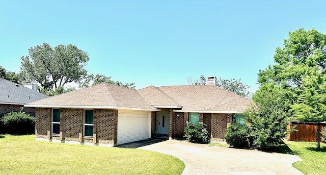 2525 Rosebud Ct, Carrollton, TX 75006 - ranch-style house featuring a garage, concrete driveway, a chimney, brick siding, and a shingled roof