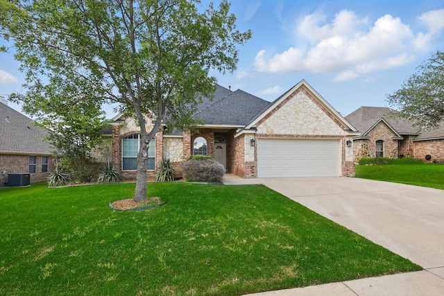 706 Dove Rdg, Sanger, TX 76266 - french country home with an attached garage, a front yard, concrete driveway, cooling unit, and brick siding