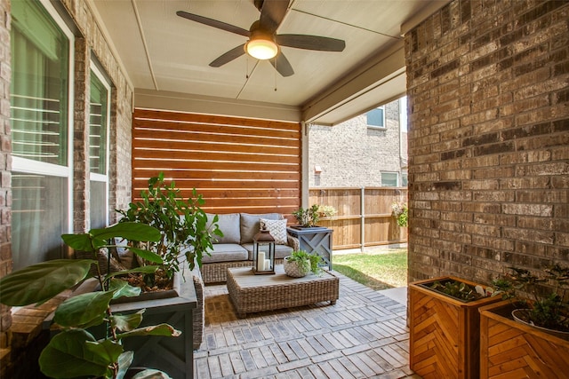 414 Kirkland Rd, Garland, TX 75044 - view of patio / terrace with fence, a ceiling fan, and an outdoor hangout area