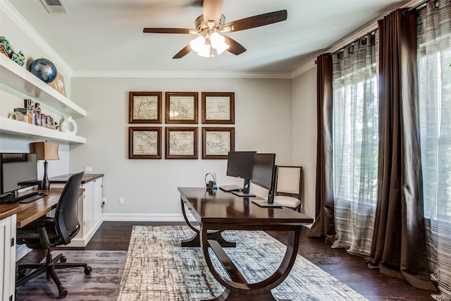 414 Kirkland Rd, Garland, TX 75044 - office area with a ceiling fan, dark wood finished floors, ornamental molding, and baseboards