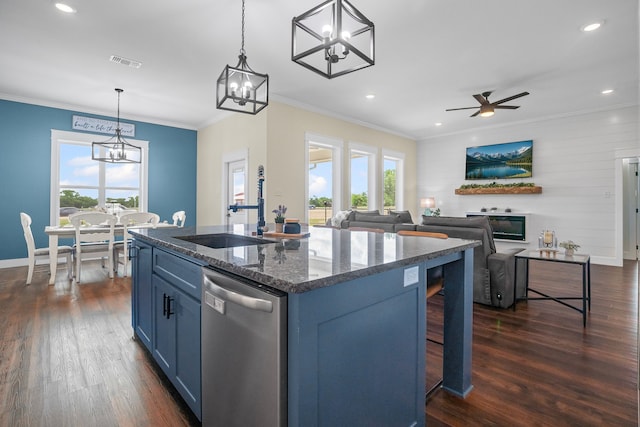 174 Rs County Road 3160, Emory, TX 75440 - kitchen featuring stainless steel dishwasher, a sink, a ceiling fan, a kitchen island with sink, and dark wood-style flooring