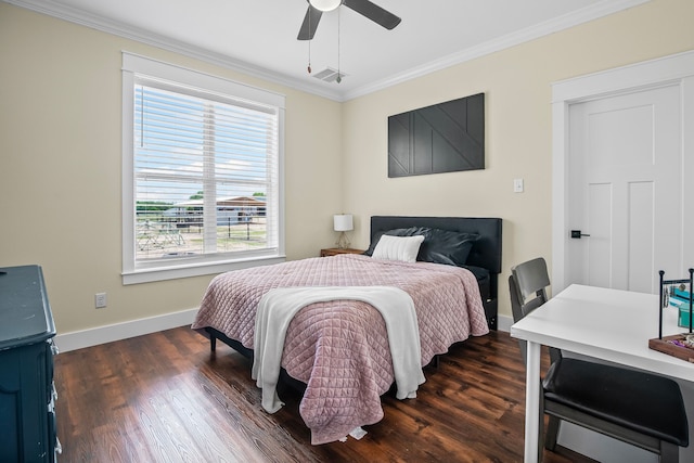 174 Rs County Road 3160, Emory, TX 75440 - bedroom with ornamental molding, baseboards, dark wood-style floors, and a ceiling fan