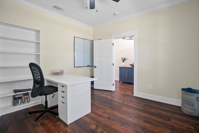 174 Rs County Road 3160, Emory, TX 75440 - home office featuring ornamental molding, dark wood finished floors, a ceiling fan, built in features, and baseboards