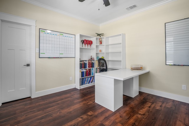 174 Rs County Road 3160, Emory, TX 75440 - home office with crown molding, baseboards, ceiling fan, and dark wood-style flooring