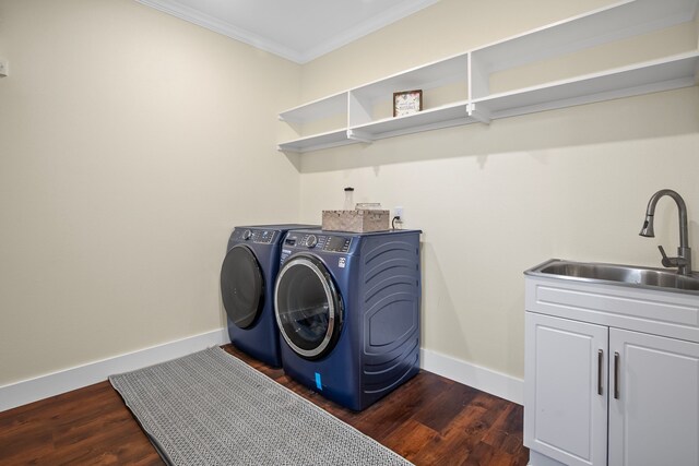 174 Rs County Road 3160, Emory, TX 75440 - laundry area with independent washer and dryer, baseboards, crown molding, dark wood finished floors, and cabinet space