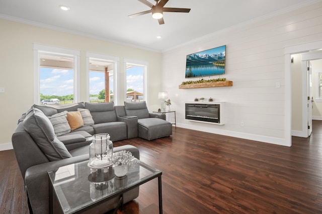 174 Rs County Road 3160, Emory, TX 75440 - living area featuring ceiling fan, baseboards, ornamental molding, dark wood-style flooring, and a glass covered fireplace
