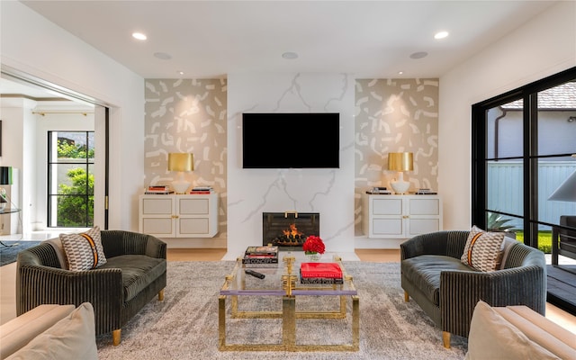 3713 Greenbrier Dr, University Park, TX 75225 - living room featuring a fireplace, an accent wall, recessed lighting, and wallpapered walls