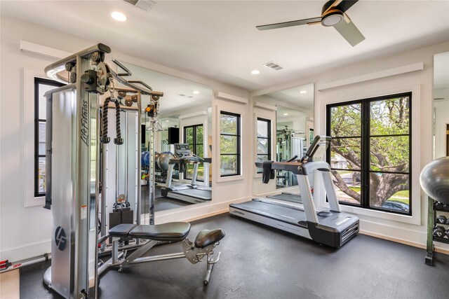 3713 Greenbrier Dr, University Park, TX 75225 - workout area featuring ceiling fan and recessed lighting
