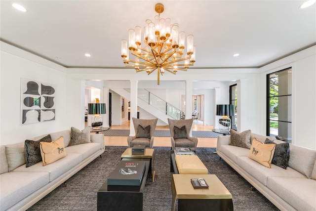 3713 Greenbrier Dr, University Park, TX 75225 - living room with stairway, recessed lighting, and a chandelier