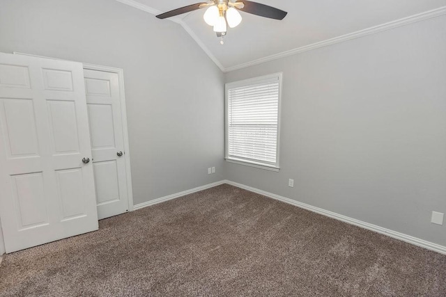1501 Milla Ct, Euless, TX 76039 - unfurnished bedroom featuring ornamental molding, carpet, baseboards, lofted ceiling, and a ceiling fan