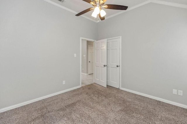 1501 Milla Ct, Euless, TX 76039 - unfurnished bedroom with light carpet, ornamental molding, baseboards, vaulted ceiling, and a ceiling fan