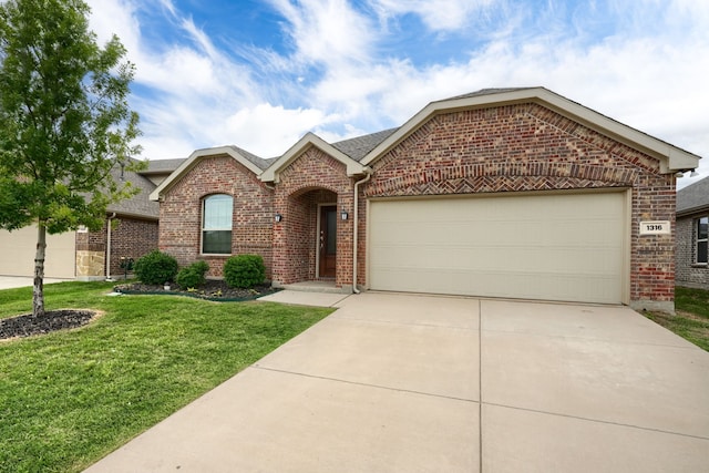 1316 Renoir Dr, Little Elm, TX 75068 - view of front of house with brick siding, concrete driveway, an attached garage, a front lawn, and a shingled roof