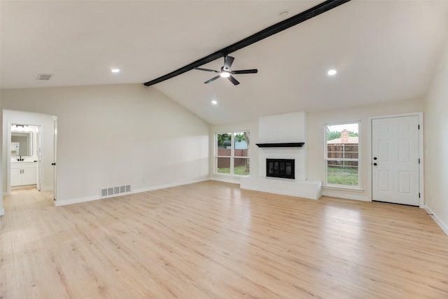 3011 Sunnybrook Ln, Arlington, TX 76014 - unfurnished living room featuring light wood-style floors, ceiling fan, a fireplace, baseboards, and recessed lighting