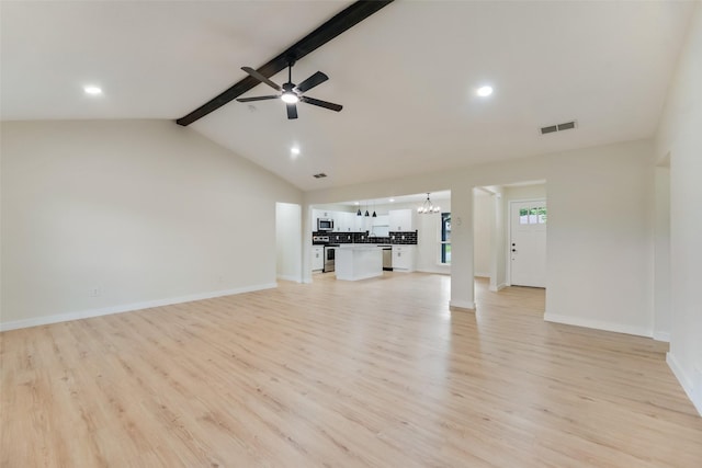 3011 Sunnybrook Ln, Arlington, TX 76014 - unfurnished living room with a chandelier, light wood-style floors, ceiling fan, recessed lighting, and baseboards