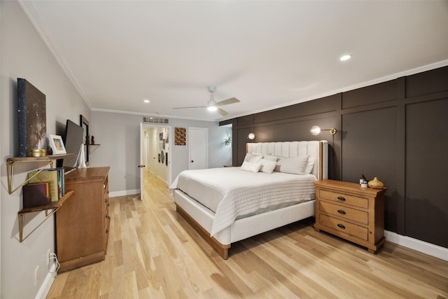 7008 Joyce Way, Dallas, TX 75225 - bedroom featuring light wood-type flooring, ornamental molding, recessed lighting, baseboards, and a ceiling fan