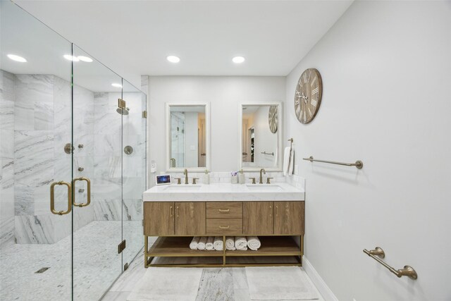 7008 Joyce Way, Dallas, TX 75225 - bathroom with recessed lighting, a marble finish shower, double vanity, and baseboards