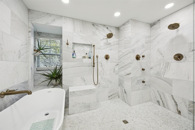 7008 Joyce Way, Dallas, TX 75225 - full bath featuring a freestanding tub, a tile shower, and recessed lighting