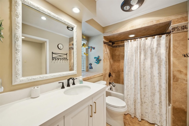 7008 Joyce Way, Dallas, TX 75225 - full bathroom with shower / bath combo, toilet, crown molding, vanity, and recessed lighting