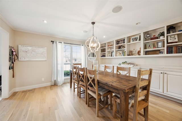 7008 Joyce Way, Dallas, TX 75225 - dining room featuring a chandelier, baseboards, crown molding, light wood-type flooring, and recessed lighting