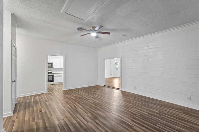 401 E Buffalo St, Forney, TX 75126 - unfurnished living room featuring dark wood-style floors, a textured ceiling, a ceiling fan, and baseboards