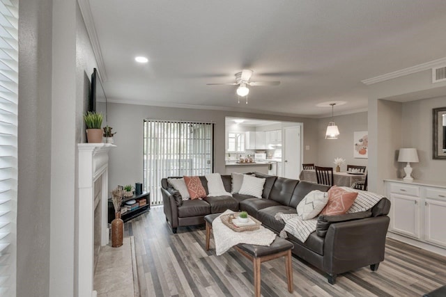 15151 Berry Trl Unit 401, Dallas, TX 75248 - living area with light wood-style floors, ceiling fan, crown molding, and a fireplace