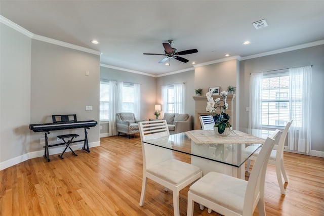 4100 Emerson Ave Unit 8, University Park, TX 75205 - dining area with recessed lighting, light wood-style floors, baseboards, a ceiling fan, and ornamental molding
