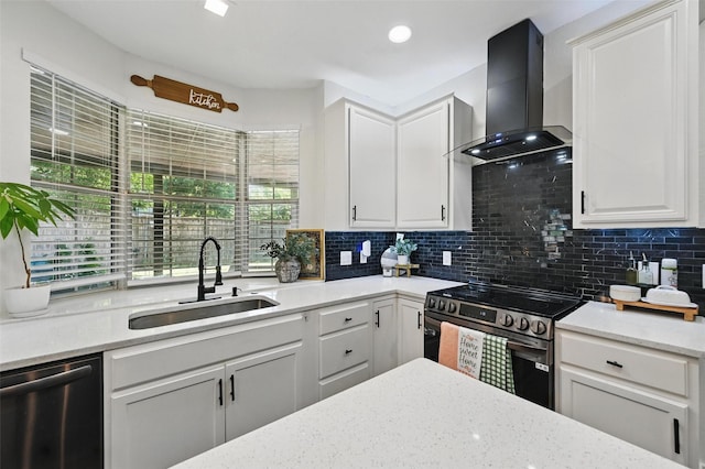 4524 Rosedale Dr, Grand Prairie, TX 75052 - kitchen featuring wall chimney exhaust hood, a sink, appliances with stainless steel finishes, backsplash, and white cabinetry