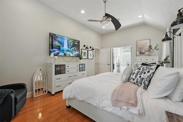 4524 Rosedale Dr, Grand Prairie, TX 75052 - bedroom featuring light wood finished floors, recessed lighting, lofted ceiling, baseboards, and ceiling fan