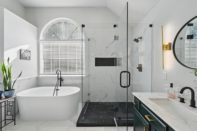 4524 Rosedale Dr, Grand Prairie, TX 75052 - bathroom with marble finish flooring, a marble finish shower, vaulted ceiling, a soaking tub, and vanity