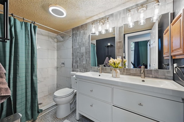 4524 Rosedale Dr, Grand Prairie, TX 75052 - bathroom with tiled shower, tile walls, a textured ceiling, tile patterned flooring, and toilet