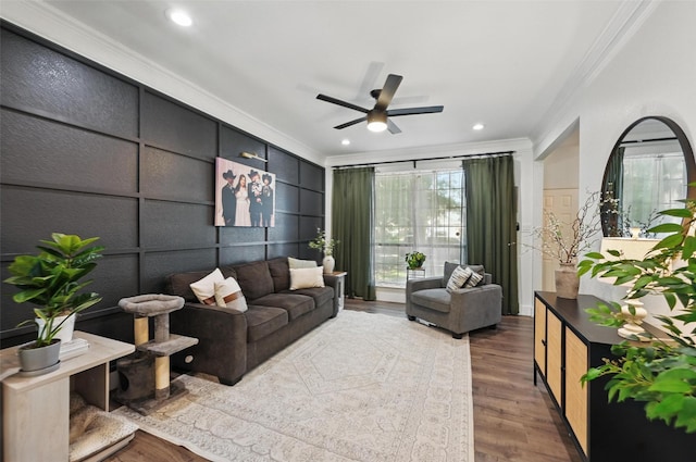 4524 Rosedale Dr, Grand Prairie, TX 75052 - living room with ornamental molding, a ceiling fan, wood finished floors, a decorative wall, and recessed lighting