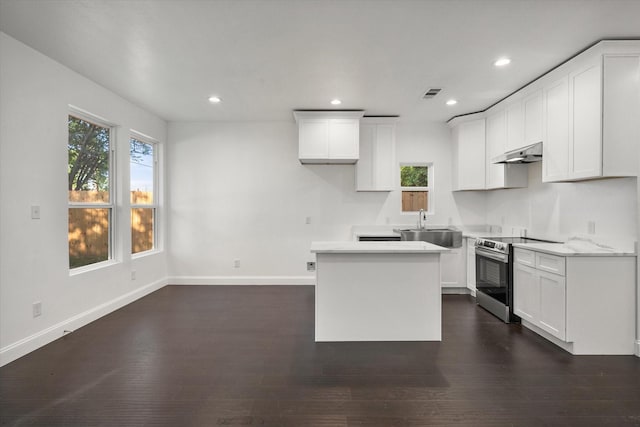 710 E 3rd Ave, Corsicana, TX 75110 - kitchen featuring electric range, extractor fan, a kitchen island, recessed lighting, and a sink