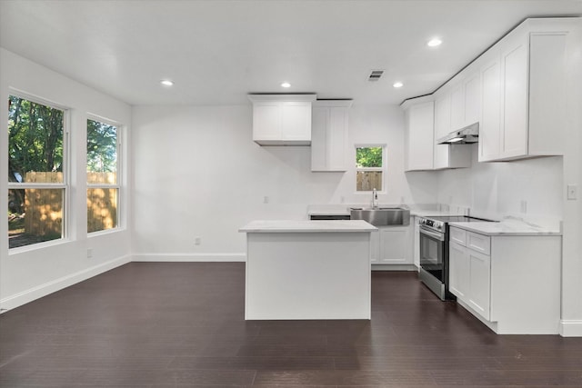 710 E 3rd Ave, Corsicana, TX 75110 - kitchen with stainless steel electric range oven, a sink, a center island, recessed lighting, and under cabinet range hood