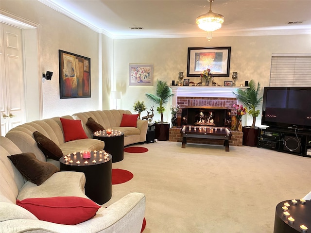 7321 Marigold Dr, Irving, TX 75063 - living area featuring crown molding, carpet flooring, and a fireplace