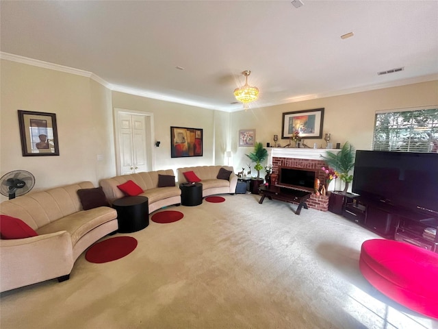 7321 Marigold Dr, Irving, TX 75063 - living room with crown molding, carpet floors, and a fireplace