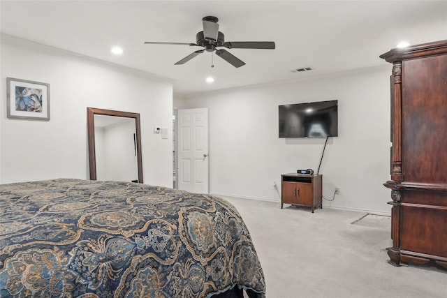 120 Willow Oak Ct, Double Oak, TX 75077 - carpeted bedroom featuring ornamental molding, baseboards, recessed lighting, and ceiling fan
