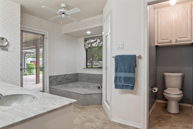 120 Willow Oak Ct, Double Oak, TX 75077 - bathroom with a bath, vanity, wallpapered walls, a ceiling fan, and tile patterned flooring
