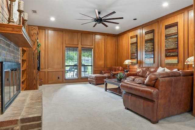 120 Willow Oak Ct, Double Oak, TX 75077 - living area with ceiling fan, light carpet, a brick fireplace, recessed lighting, and wood walls