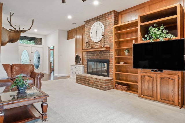 120 Willow Oak Ct, Double Oak, TX 75077 - carpeted living room with recessed lighting, a brick fireplace, and baseboards