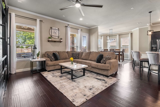 958 Prairie Timber Rd, Burleson, TX 76028 - living room featuring recessed lighting, a ceiling fan, ornamental molding, dark wood-style flooring, and baseboards