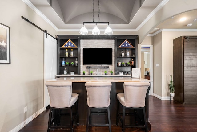 958 Prairie Timber Rd, Burleson, TX 76028 - indoor bar featuring baseboards, dark wood-style flooring, a barn door, decorative light fixtures, and built in shelves