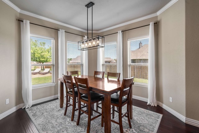 958 Prairie Timber Rd, Burleson, TX 76028 - dining room with a chandelier, baseboards, ornamental molding, and dark wood-style floors