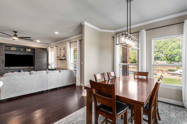 958 Prairie Timber Rd, Burleson, TX 76028 - dining space with baseboards, dark wood-style flooring, ceiling fan, ornamental molding, and recessed lighting