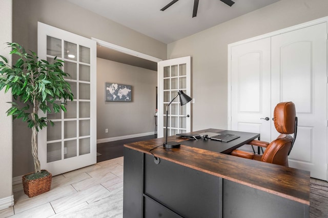 958 Prairie Timber Rd, Burleson, TX 76028 - office with french doors, ceiling fan, light wood-style flooring, and baseboards