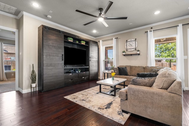 958 Prairie Timber Rd, Burleson, TX 76028 - living room featuring a ceiling fan, dark wood-type flooring, healthy amount of natural light, baseboards, and crown molding