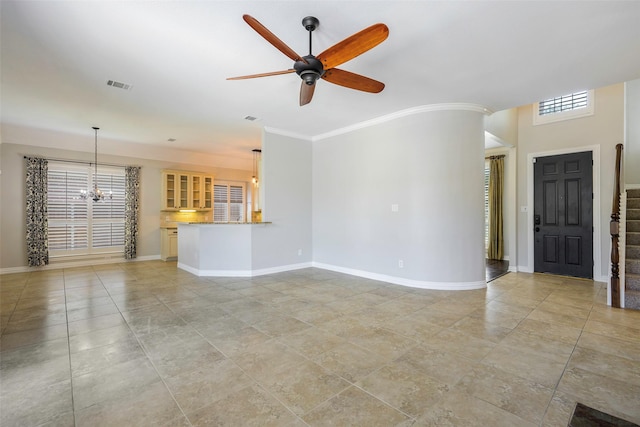 11212 Sunrise Ln, Frisco, TX 75035 - unfurnished living room with a chandelier, stairs, ceiling fan, baseboards, and crown molding