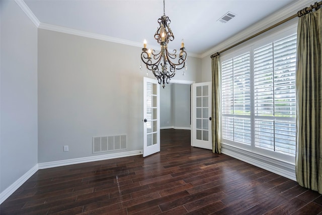 11212 Sunrise Ln, Frisco, TX 75035 - unfurnished dining area with french doors, a chandelier, baseboards, wood finished floors, and crown molding